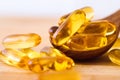 Close up the vitamin D and Omega 3 fish oil capsules supplement Royalty Free Stock Photo