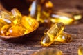 Close up the vitamin D and Omega 3 fish oil capsules supplement Royalty Free Stock Photo