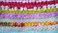 Close up vivid colorful of hand woven fabric texture, linen, cotton. Fabric texture, woven rope texture pattern. Knitted fabric Royalty Free Stock Photo