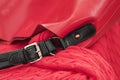 Close-up of vivid handbag, handle with metal hardware on background of red pullover. Concept of shopping, accessories