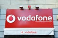 Close up of Vodafone logo. Vodafone is a British well-known multinational telecommunications company