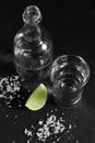 Close up vodka in shot glass and mini bottle on black background Royalty Free Stock Photo