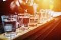 Close up on Vodka shots and other alcohols in a row Royalty Free Stock Photo