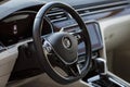 Rivne, Ukraine - 31.08.2022: Close up of Volkswagen Passat B8 Logo on Car Steering Wheel. Royalty Free Stock Photo