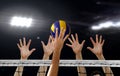 Close up of Volleyball spiking and hand blocking over the net under bright spotlights Royalty Free Stock Photo