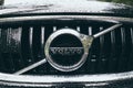 Stockholm, Sweden - August 2017: Close-up of Volvo car emblem covered with rain drops Royalty Free Stock Photo