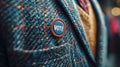 Close up of VOTE button on men's jacket with blurred background. Male voter. Concept of elections, personal voter