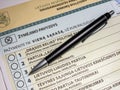 A close up voting ballot for 2020 Lithuanian Seimas parliamentary elections with black pen