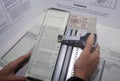 Close-up of a voting booth and ballot machine with ballot , CA