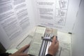 Close-up of a voting booth and ballot machine with ballot , CA