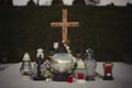 Close up of Votive candles lantern on the grave in Slovak Catholic cemetery during day. Autumn scene. All Hallows eve. Memorial Royalty Free Stock Photo