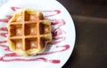 Close Up Of Waffle On White Plate.