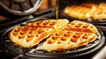 Close up of waffles baked on waffle maker iron machine