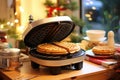 Close up of waffles baked on waffle maker iron machine. Generative AI Royalty Free Stock Photo