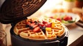 Close up of waffles baked on waffle maker iron machine. Generative AI Royalty Free Stock Photo