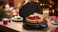 Close up of waffles baked on waffle maker iron machine. Generative AI Royalty Free Stock Photo