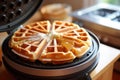 Close up of waffles baked on waffle maker iron machine. Generative AI Royalty Free Stock Photo