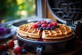 Close up of waffles baked on waffle maker iron machine. Generative AI Royalty Free Stock Photo
