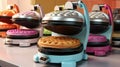 Close up of waffles baked on waffle maker iron machine. Generative AI Royalty Free Stock Photo
