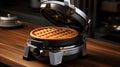 Close up of waffles baked on waffle maker iron machine. Generative AI Royalty Free Stock Photo