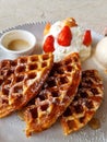 Waffles and vanilla Ice cream with strawberry Royalty Free Stock Photo