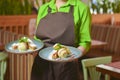 Close up of waitress serving apple strudel with vanilla ice cream and mint on blue plate. Restaurant or cafe service