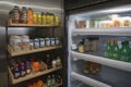 close-up of walk-in refrigerator, with various food items and beverages visible