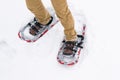 Close-up, walking in the snow in special devices, snowshoes, for better maneuverability