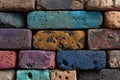 Close-up of a wall built with multicolored bricks, creating a striking visual effect Royalty Free Stock Photo