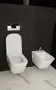 A close-up on wall-hung toilet and bidet set in a black mosaic tiled toilet room, bathroom