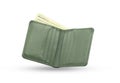 Close-up of Wallet short green genuine leather texture with banknotes inside isolated on white background. Male purse