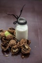 Close up of walnut or akhrot on wooden surface in a clay bowl with a small transparent bottle used to make dry fruit milkshake. Royalty Free Stock Photo