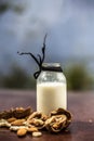 Close up of walnut or akhrot on wooden surface in a clay bowl with a small transparent bottle used to make dry fruit milkshake.