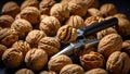 Close-up of walnuts with a nutcracker on a dark background showing the inside of a walnut Royalty Free Stock Photo