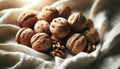 A close-up of walnuts scattered on a light fabric background, highlighting their natural beauty and simplicity