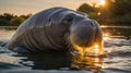 Gentle Giant Manatee Emerging from Water into Golden Sunset Sunlight Rays Royalty Free Stock Photo