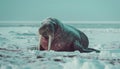 Close-up on walrus, on a snowy beach