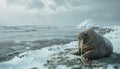 Close-up on walrus, on a snowy beach