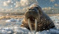 Close-up on walrus, on a snowy beach