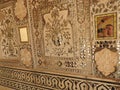 Close up of a wasp nest hanging from the ceiling of a building at outdoors, in Amber Fort near Jaipur, Rajasthan, India