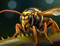 Close-up of a wasp with yellow and black stripes, transparent wings, and multifaceted eyes on a green surface Royalty Free Stock Photo