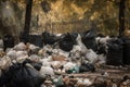 close-up of waste disposal site, with overflowing bins and trash bags Royalty Free Stock Photo