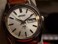 Close-up of a vintage King Seiko watch from the 70s with copy space