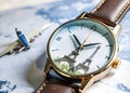 A close up of a watch featuring the Eiffel Tower on its face Royalty Free Stock Photo
