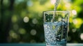 Close-up of water being poured into a glass with a blurred background of foliage. Royalty Free Stock Photo