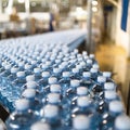 Close-up of water bottles on conveyor belt in industry, selective focus.