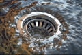 Water drain in the washbasin. The flow of water into the sewer in the bath. Stainless steel sink plug hole. Generative AI