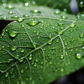 Close-up of water droplets, dew on a green leaf, generative ai Royalty Free Stock Photo