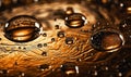 a close up of water droplets on a gold sink bowl