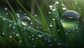 a close up of water droplets on a green grass blad Royalty Free Stock Photo
